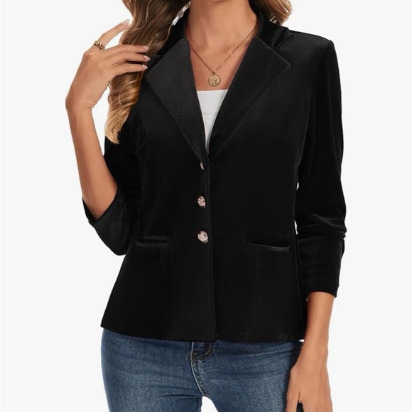 ML007-Black-L Black Velvet Single-Button Blazer Jacket by - Picture 3 of 4